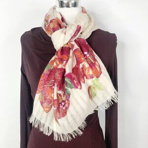 Anthropologie Scarf Womens Red Orange Floral Wool Sheer Fringe Sequins 31 X 72